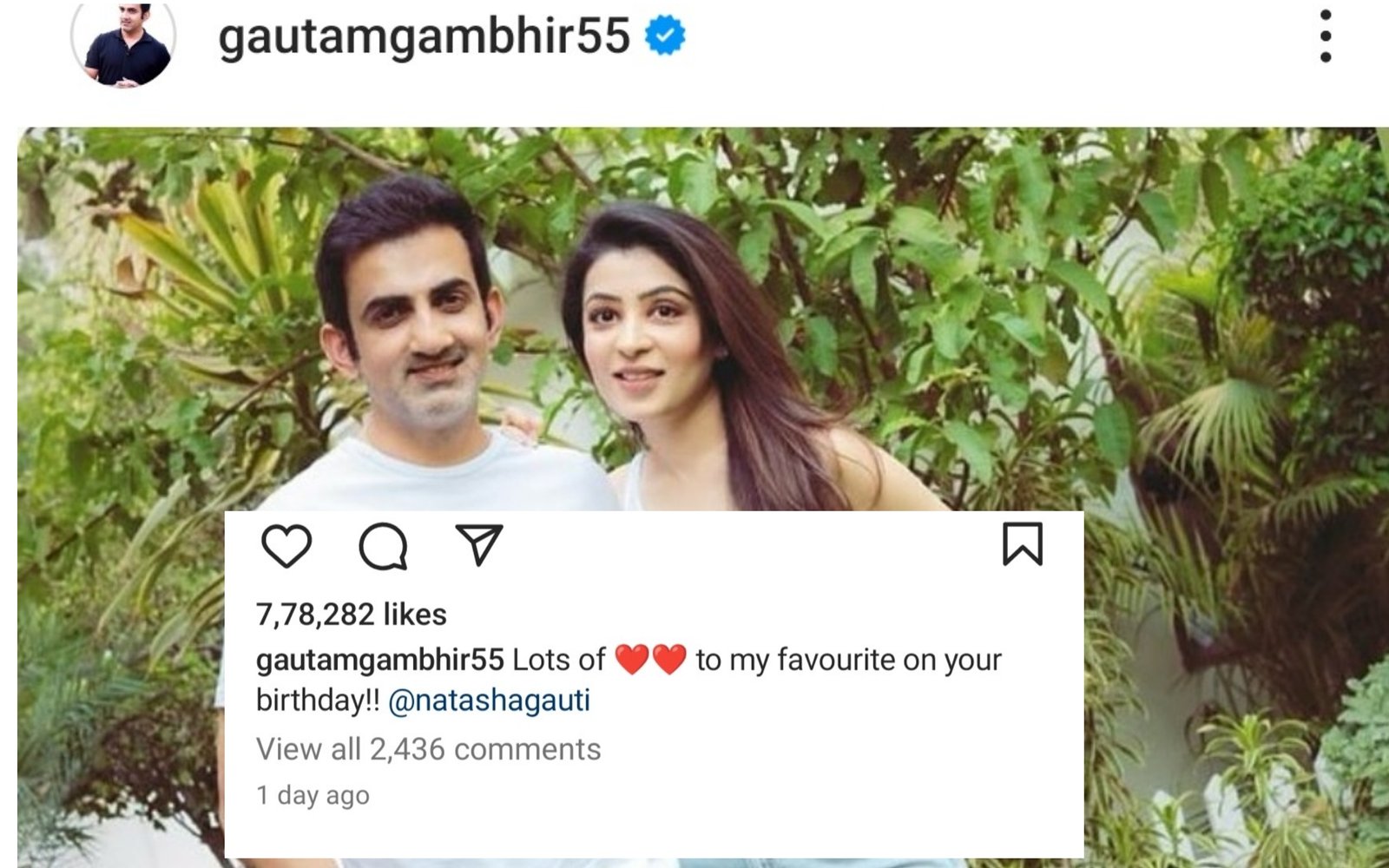 Gautam gambhir wishes his wife on her birthday